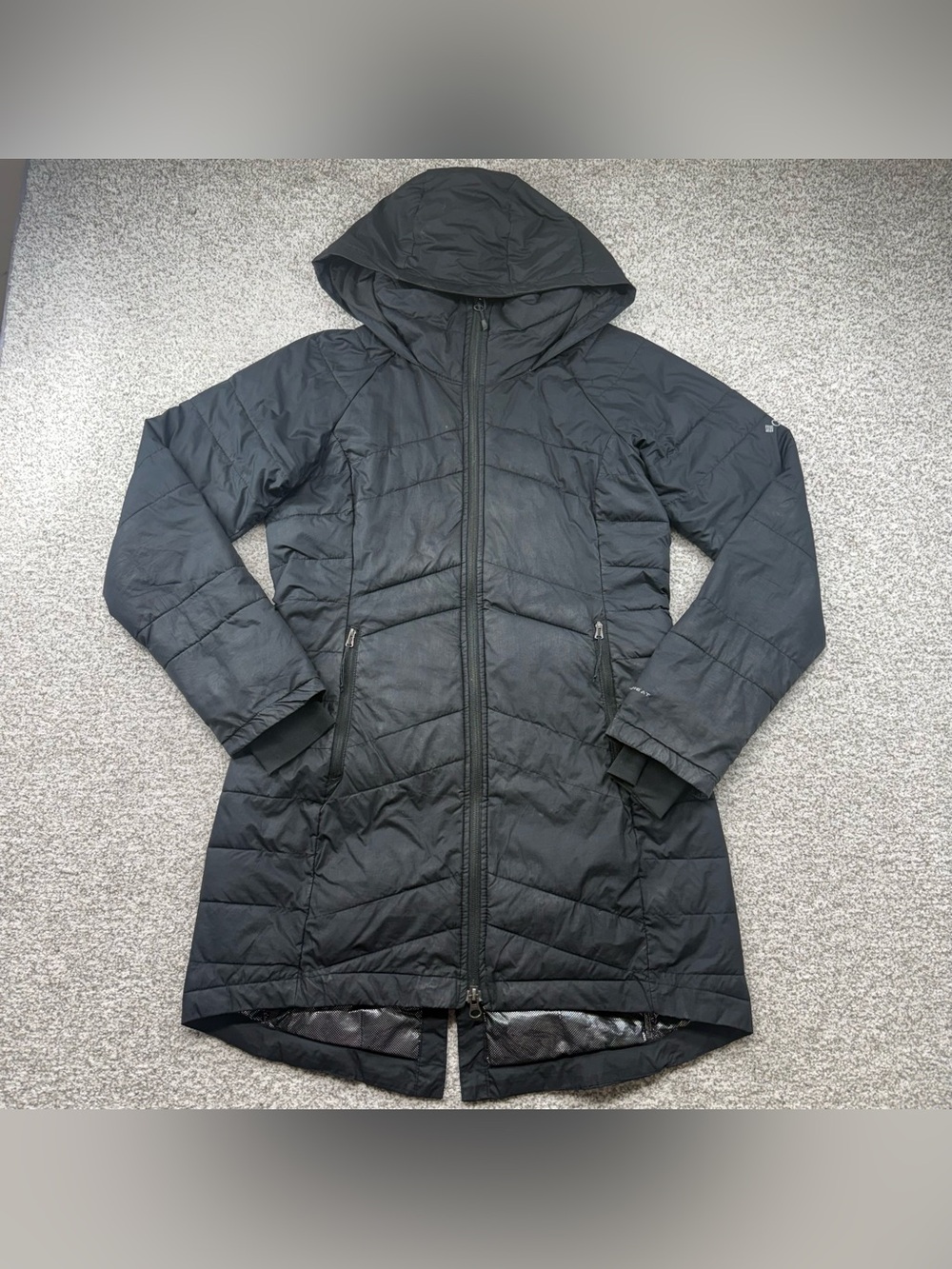 Women's Columbia Black Puffer Hooded Dual Zipper Omni-Heat Long Jacket Size S